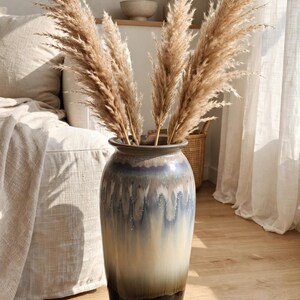 Große Keramik-Bodenvase | Ombré-Glasurvase in Blau, Beige und Schwarz | Hohe Dekovase für Pampasgras | Moderne Wohnvase | Handgefertigt