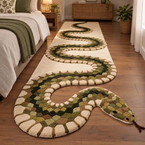 May include: A long, snake-shaped area rug featuring a textured, multi-coloured pattern of green, brown, and cream scales. The rug winds across the floor, ending in a rounded head with two black eyes and a protruding brown tongue, creating a serpentine form.