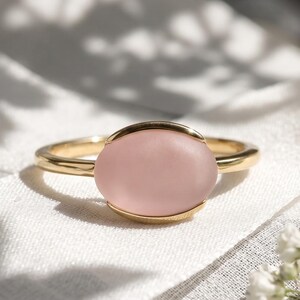 Gold Rose Quartz Ring, Oval Cabochon Pink Gemstone Solitaire, Minimalist Stacking Band, Dainty Promise Jewelry, Gift for Her
