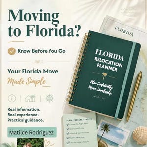 May include: A dark green spiral-bound Florida Relocation Planner with a gold pen, a square note card listing planning steps, and a small photograph of a beach, all arranged on a map background with the text Moving to Florida and Matilde Rodriguez.