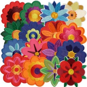 May include: A collection of embroidered flower patches in various shapes and vibrant colors including red, blue, green, yellow, orange, and purple. Each patch features detailed stitching with scalloped or pointed petal edges and circular centers.