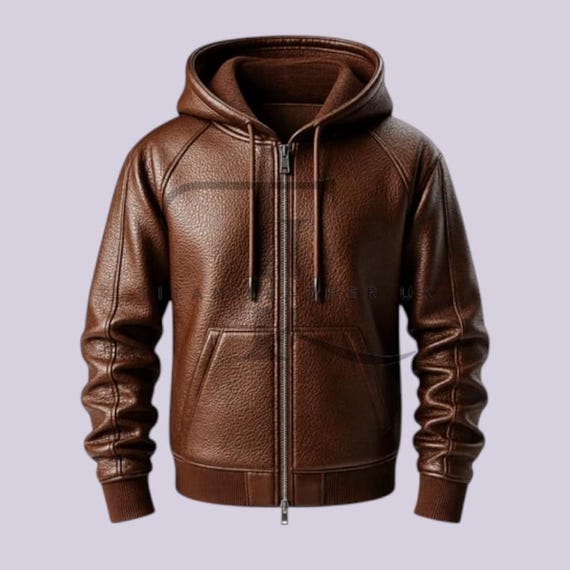 Brown Leather Hoodie, Genuine Leather Zip Jacket, Mens Hooded Sweatshirt, Luxury Streetwear Outerwear, Winter Warm Coat, Gift for Him