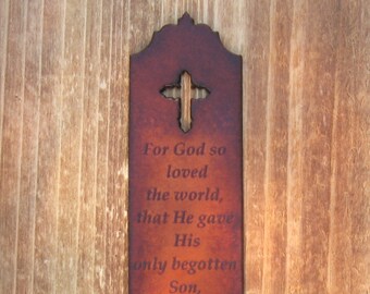 Christian Leather Bookmark, John 3:16 Bible Verse, NKJV, Leather Bookmark in Aged Acorn Brown Finish, Size 7.0" x 1.5", Made to Order