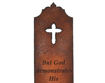 Leather Bookmark - Bible Verse Leather Bookmark with Romans 5:8 - Christian Bookmark - Leather Gifts -  Christian Gifts - Made to Order