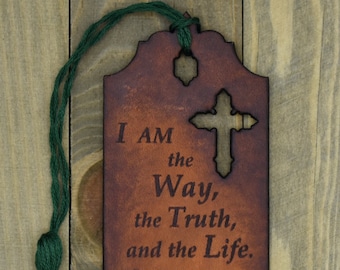 Christian Leather Bookmark with Tassel, John 14:6 Bible Verse, NKJV, Size 5.75" x 2", Aged Acorn Brown Finish, Made to Order