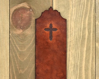 Christian Leather Bookmark, Engraved Eternal Flame Cross Leather Bookmark in Aged Acorn Brown Finish, Size 7.0" x 1.5"- Made to Order
