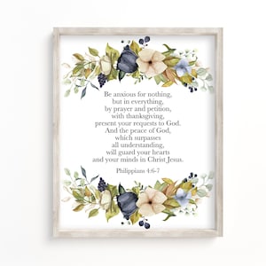 Não andeis ansiosos por coisa alguma - Filipenses 4:6-7 - Arte de parede com versículos bíblicos para impressão - Impressão de arte de parede cristã - Arte de parede para impressão - Flores