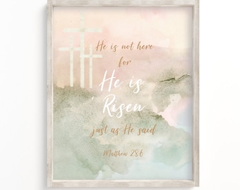 Matthew 28:6 Bible Verse Wall Art Printable -  He is not here, He is Risen Wall Art Print - Christian Wall Art - Printable Wall Art
