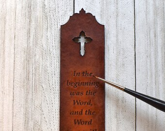 Leather Bookmark, John 1:1 Bible Verse, Christian Leather Bookmark in Aged Acorn Brown Finish, Size 7.0" x 1.5", Pastor Gift, Made to Order