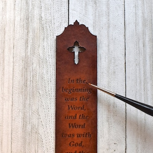 Leather Bookmark, John 1:1 Bible Verse, Christian Leather Bookmark in Aged Acorn Brown Finish, Size 7.0&quot; x 1.5&quot;, Pastor Gift, Made to Order