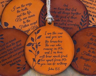 Bible Verse Ornament - Christian Leather Ornament - Christmas Ornaments - Christian Christmas Gifts