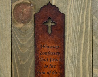 Leather Bookmark, 1 John 4:15 Bible Verse, Christian Leather Bookmark in Aged Acorn Brown, Size 7.0" x 1.5", Christian Gifts, Made to Order