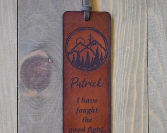Personalized Christian Leather Bookmark – Christian Gift, 2 Timothy 4:7, Bible Verse Gift, Mountain and Trinity Cross Scene