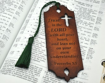 Leather Bookmark, Proverbs 3:5, NKJV, Christian Leather Bookmark with Tassel in Aged Acorn Brown Finish, Leather Gifts, Made to Order