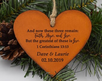 Personalized Leather Anniversary Ornament - Christian Gift - Bible Verse -  1 Corinthians 13:13 - Leather Gift - 3rd Anniversary Gift