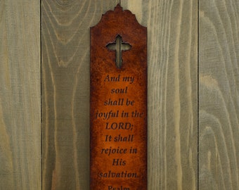 Christian Leather Bookmark, Psalm 35:9 Bible Verse, Bible Verse Leather Bookmark, Bible Verse Gifts, Christian Leather Gifts, Leather Gifts