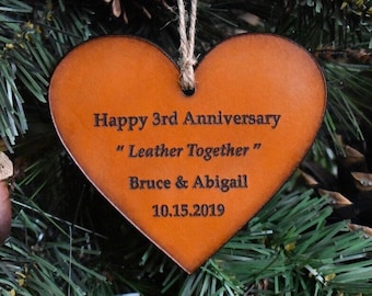 Personalized Anniversary Ornament - 3rd Anniversary Gift -  Leather Anniversary - Christmas Ornaments - Personalized Gift - Leather Together