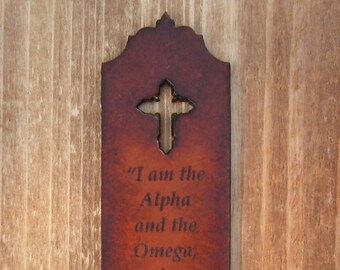 Christian Leather Bookmark, Revelation 1:8 Bible Verse Engraved Leather Bookmark in Aged Acorn Brown Finish, Size 7.0" x 1.5", Made to Order