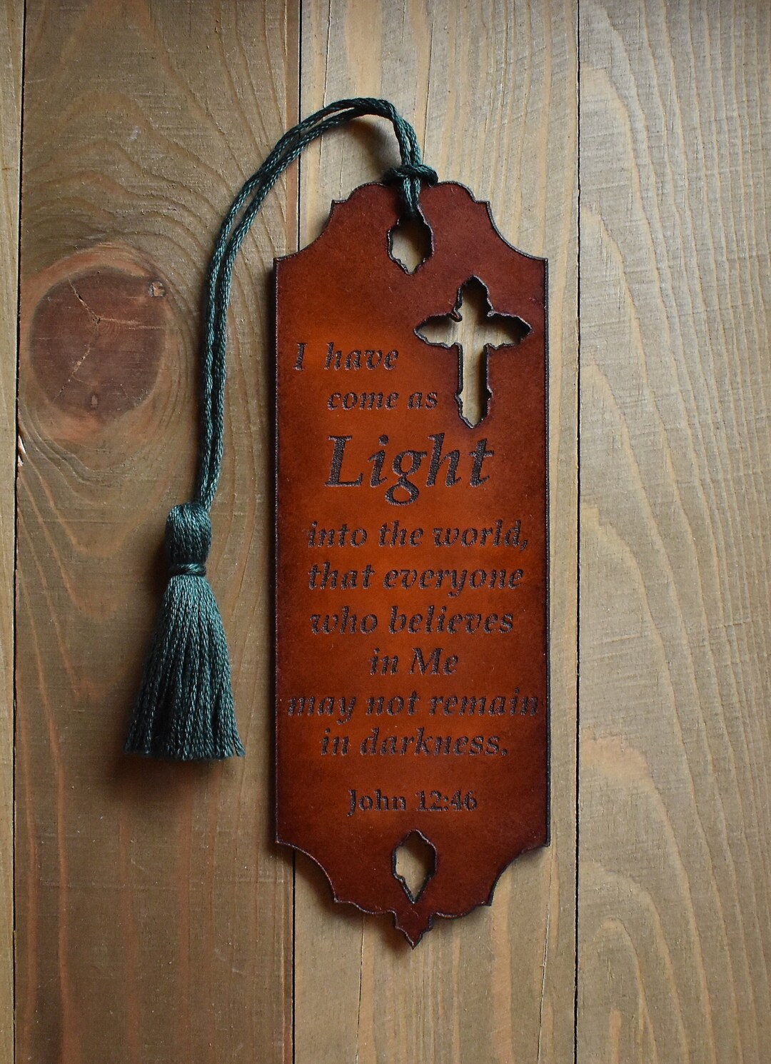 Christian Leather Bookmark With Tassel, Bible Verse John 1246, Size 5.75 X 2, Light of the