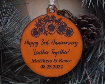 Personalized Anniversary Ornament - 3rd Anniversary Gift - Leather Anniversary Gift - Leather Sunflower Ornament - Leather Together Ornament