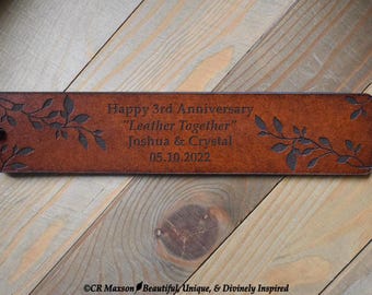 Personalized Leather Anniversary Bookmark - 3rd Anniversary Gift - Vine Design - Leather Together