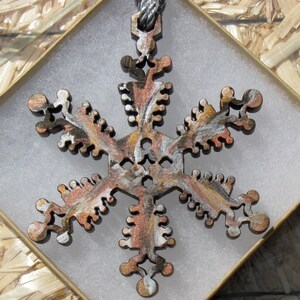 Elegant Snowball Hand Painted Wood Snowflake Christmas Ornament in Metal Cacophony Finish