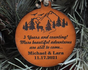 Personalized Anniversary Ornament - 3rd Anniversary Gift - Leather Anniversary - Personalized 3rd Anniversary Gift - Adventure Couple Gift