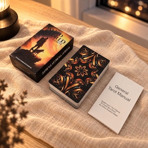 May include: A Weird World Tarot deck set including a box with a silhouette of a person and dog against a sunset, a deck of cards with an orange and black floral pattern, and a white General Tarot Manual booklet with black text.