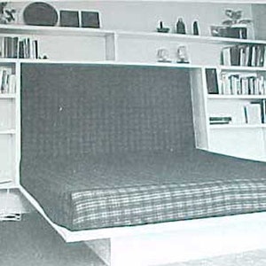 May include: A white bookshelf with a fold-down bed. The bookshelf has multiple shelves filled with books. The bed is made with a gray and white patterned mattress.