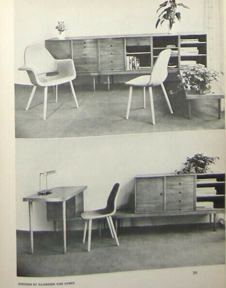 May include: Two black and white photos of mid-century modern furniture. The first photo shows a long wooden cabinet with open shelves and drawers. Two white chairs are in front of the cabinet. The second photo shows a desk with a lamp and a chair. A wooden cabinet with open shelves and drawers is behind the desk.