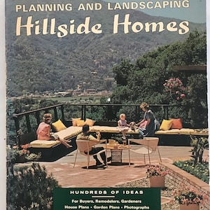 Zonsondergangplanning en landschapsarchitectuur Hillside-huizen 1965 halverwege de eeuw moderne landschapsarchitectuurontwerpboek