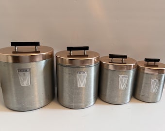 Vintage 1950s canister set aluminum copper flour sugarcoffee tea Maid of Honor mid century modern