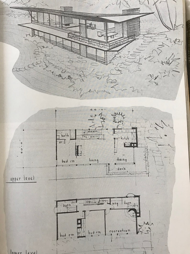 以下が含まれることがあります： モダンな2階建ての家の建築スケッチ。平らな屋根と大きな窓があります。上層階にはリビングエリア、キッチン、デッキがあります。下層階には寝室とレクリエーションエリアがあります。平面図も含まれています。