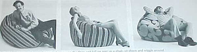 May include: Three people are sitting in different bean bag chairs. The chairs are all different colors and patterns. The first chair is black and white striped, the second chair is black and white striped, and the third chair is black and white with a floral pattern.