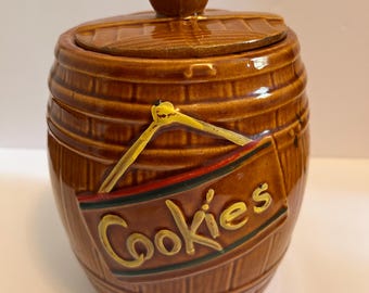Vintage McCoy pottery whiskey barrel cookie jar 1950s ceramic