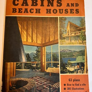 Zonsondergangideeën voor huisjes en strandhuizen 1952 vintage huisplattegronden boek boerderij blokhut lodge midden van de eeuw huisontwerp met frame