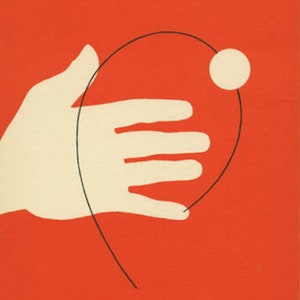 May include: A white hand with an open palm is shown against a red background. A black line curves around the hand, forming a circle with a white circle at the top.