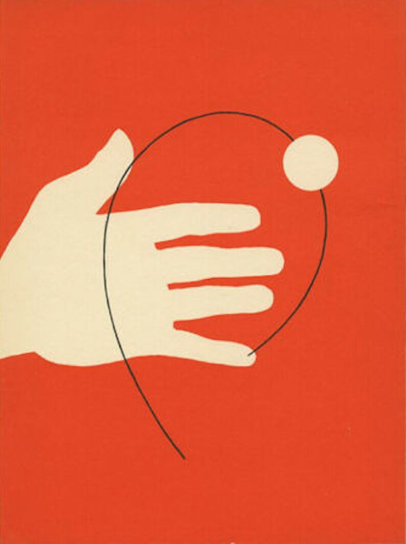 May include: A white hand with an open palm is shown against a red background. A black line curves around the hand, forming a circle with a white circle at the top.