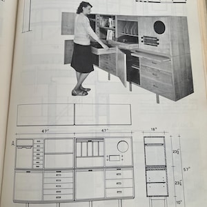 May include: A vintage wooden cabinet with multiple compartments, drawers, and a circular speaker. The cabinet is shown with a person opening a drawer. The design includes detailed diagrams with measurements in inches. The text reads "Cabinet suitable for living dining area."