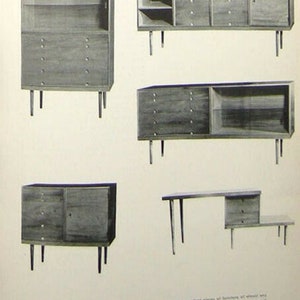 May include: Five different wooden cabinets with glass doors and drawers. The cabinets are all on legs and have a simple, modern design.