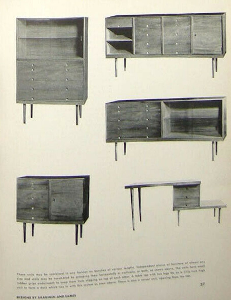 May include: Five different wooden cabinets with glass doors and drawers. The cabinets are all on legs and have a simple, modern design.