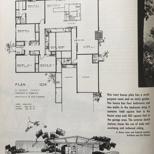 以下が含まれることがあります： 4つの寝室、2つのバスルーム、玄関ガーデンを備えた家の建築図面。各部屋の寸法とラベル、外観スケッチが含まれています。家の面積は154.21平方メートルです。