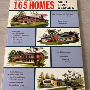 May include: A Home Planners 165 Homes Multi-Level Designs book by Richard B. Pollman. The cover features four architectural illustrations of houses, lists design categories like split-levels and colonial variations, and notes construction blueprints are available.