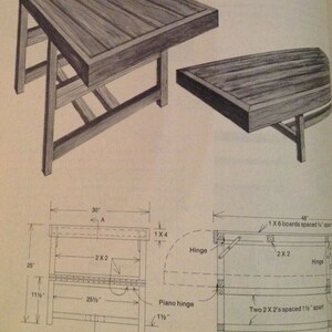 May include: A line drawing of a wooden table with a hinged top. The table is 30 inches wide and 25 inches deep. The top is made of 1x6 boards spaced 1 1/4 inches apart. The table has a piano hinge and two 2x2 supports spaced 1 1/2 inches apart.