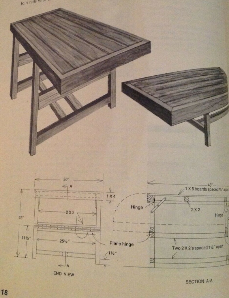 May include: A line drawing of a wooden table with a hinged top. The table is 30 inches wide and 25 inches deep. The top is made of 1x6 boards spaced 1 1/4 inches apart. The table has a piano hinge and two 2x2 supports spaced 1 1/2 inches apart.