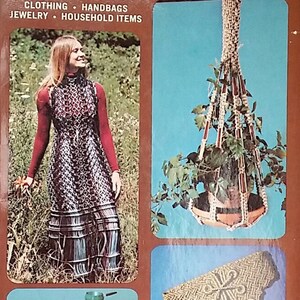 May include: A book cover with the title "Macramé Accessories: Patterns and Ideas for Knotting" by Dona Z. Meilach. The cover features four images of macrame projects: a dress, a hanging planter, a table runner, and a belt. The book includes 176 photographs and 24 color plates.