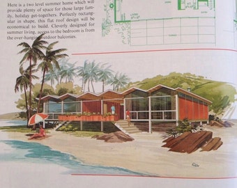 May include: An architectural illustration of Design P 1405, a two-level summer home with a flat roof, featuring floor plans for the first and second floors, 73 sq. m and 98 sq. m respectively, alongside a rendering of the house on a beach.