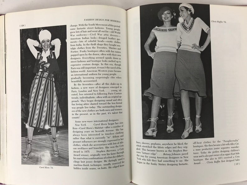 May include: Two women wearing white and red striped sweaters with matching skirts. The women are standing on a stage and smiling at the camera. The image is from a book about fashion design.