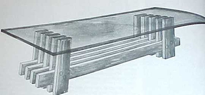 May include: A sketch of a glass-top coffee table with a unique wooden base. The base is made of multiple horizontal slats that are stacked and interlocked to create a sturdy and stylish design.