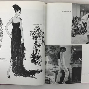 May include: A book featuring black and white illustrations of women wearing different styles of dresses. The book includes text about the "The Ruffled Evolution" and "Novel Separates Gown".